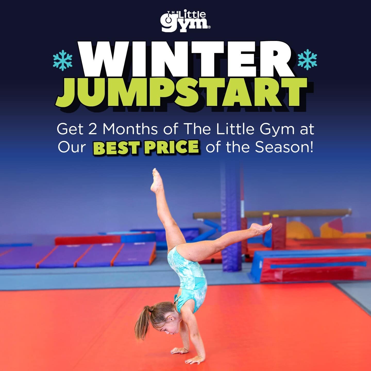 Child practicing gymnastics with Winter Jumpstart promotional text