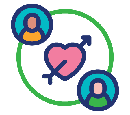 Two people connected by a heart with an arrow inside a green circle, symbolizing relationship or connection