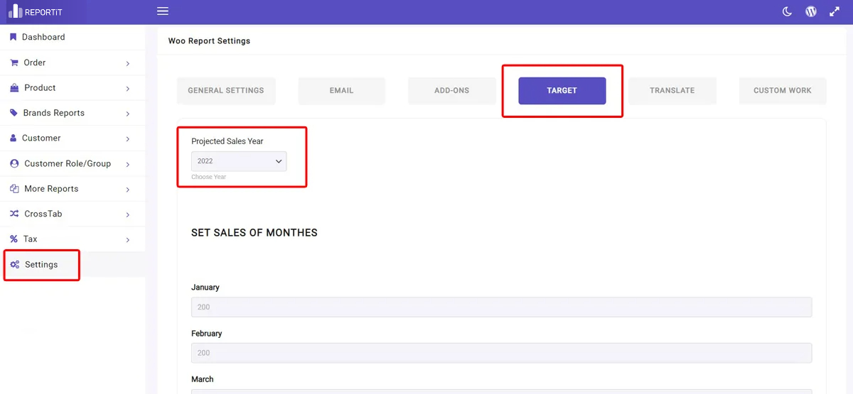 Set target sale on WooCommerce report plugin