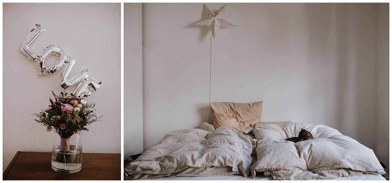 Zarte Blumen und LOVE-Ballons, daneben ein ungemachtes Bett – echte Hochzeitsreportage NRW.