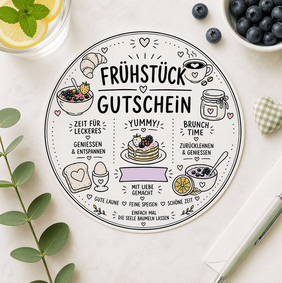 Ein Frühstück-Gutschein in Tellerform zum Ausdrucken als Gratis-Bastelvorlage