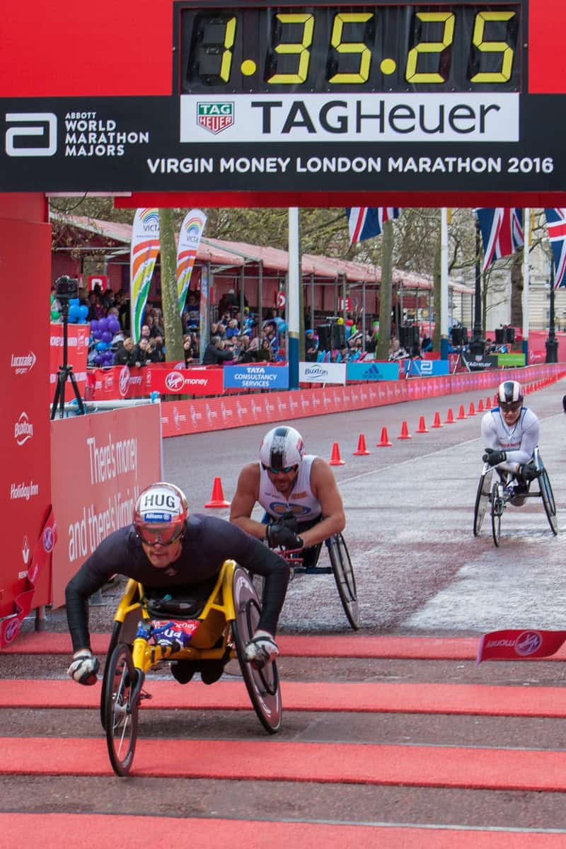 Marcel Hug SUI crosses the line to win the Wheelchair Mens Race. The Virgin Money London Marathon, Sunday 24th April 2016. Photo: Cavan Pawson for Virgin Money London Marathon For more information please contact media@londonmarathonevents.co.uk