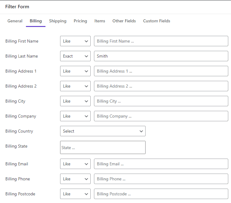 filter orders billing details in WooCommerce