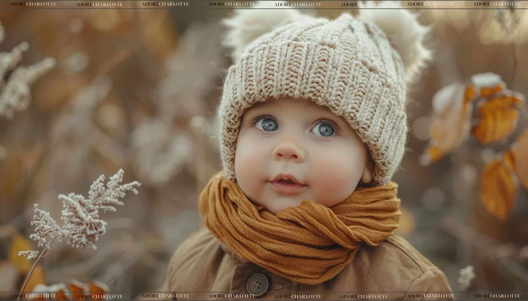 Middle Name for Hudson adorable blue eyed toddler wrapped up warm in a hat and scarf outside.