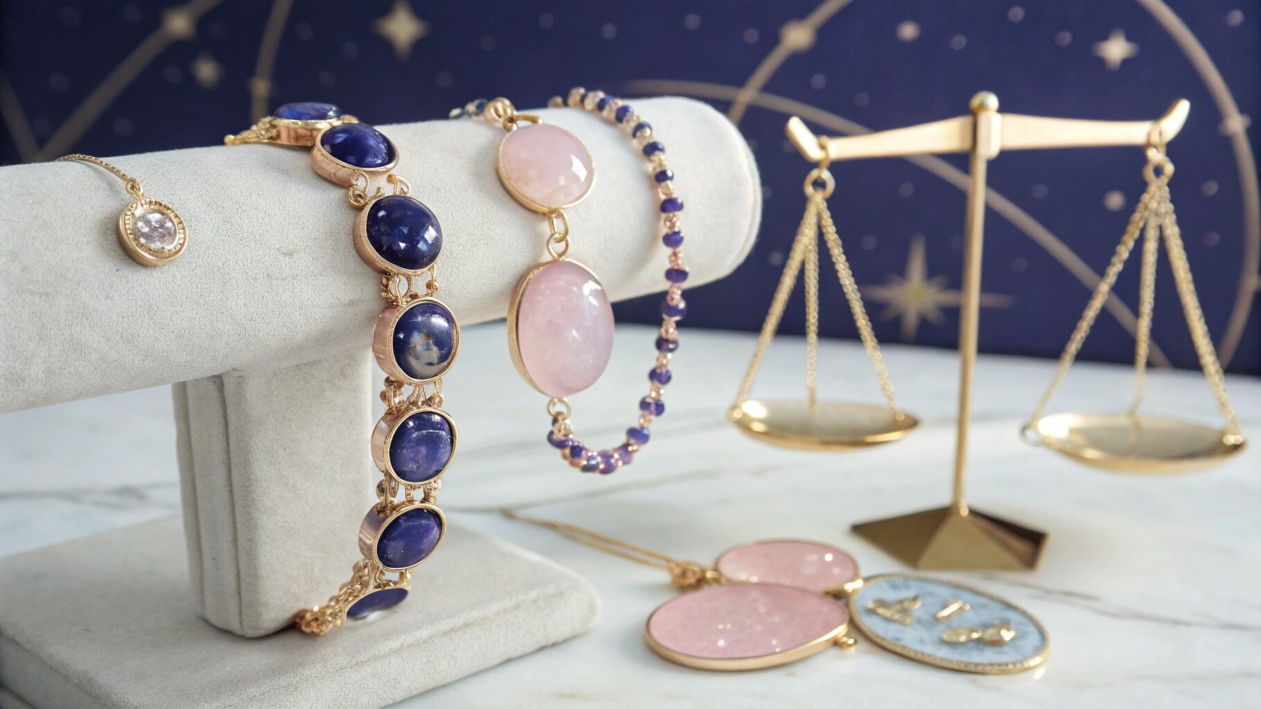 Crystals for October 10th zodiac, including rose quartz and blue gemstones with a Libra theme.