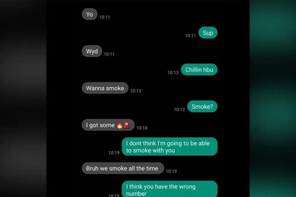 A humorous text exchange shows a stoner accidentally texting a Mississippi cop, inviting them to "smoke." The cop replies with witty responses, including a photo of their badge, highlighting a funny texting mistake and viral social media share. The stoner's wrong number blunder is a hilarious police humor moment.