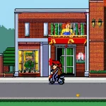 Pixel art de scène urbaine avec personnage à vélo à côté d’un bâtiment en briques, illustration de style rétro et arcade pour jeux vidéo.