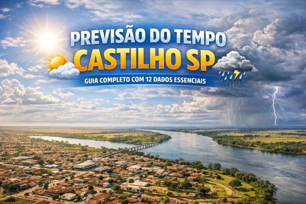 Previsão do tempo castilho sp: Vista aérea de Castilho SP sob céu parcialmente nublado em dia de variação climática típica da região.