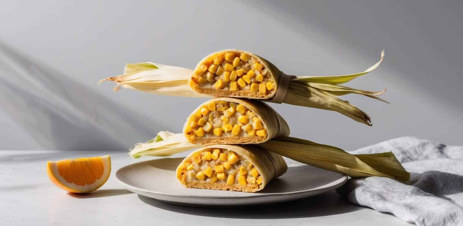 A stack of three corn husk-wrapped, vegan tamales is displayed on a white plate beside an orange wedge on a light-colored table.