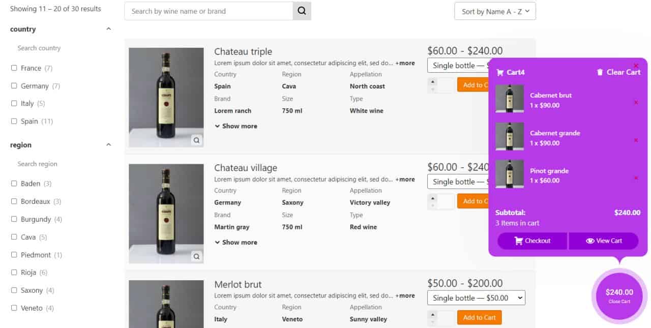 WooCommerce mini cart result in wine store
