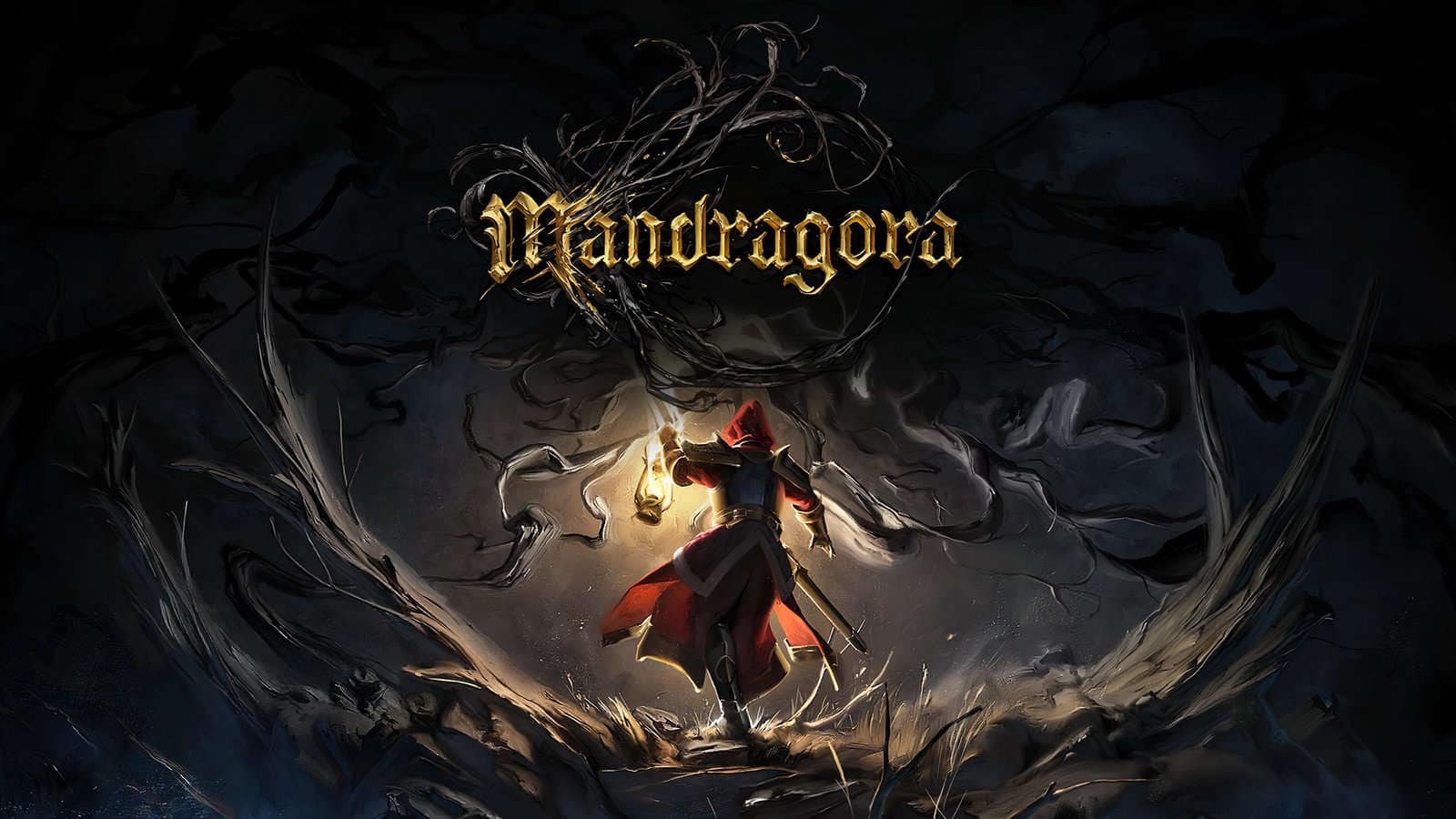 Mandragora_Logo Escarmoucheur dans un environnement sombre et mystérieux, avec un style artistique épique et fantastique pour une image de jeu vidéo d'action et d'aventure moyenâgeuse, promotionnel pour Air-Gaming.