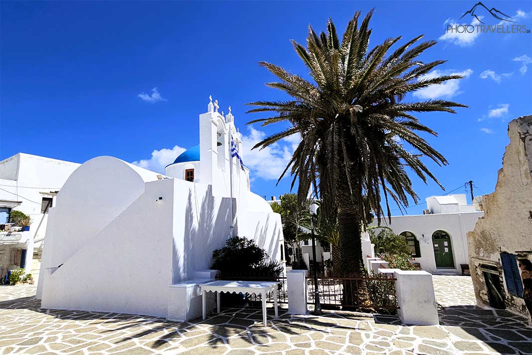 Eine mächtige Palme steht neben der weiß getünchten Kirche Pantanassa