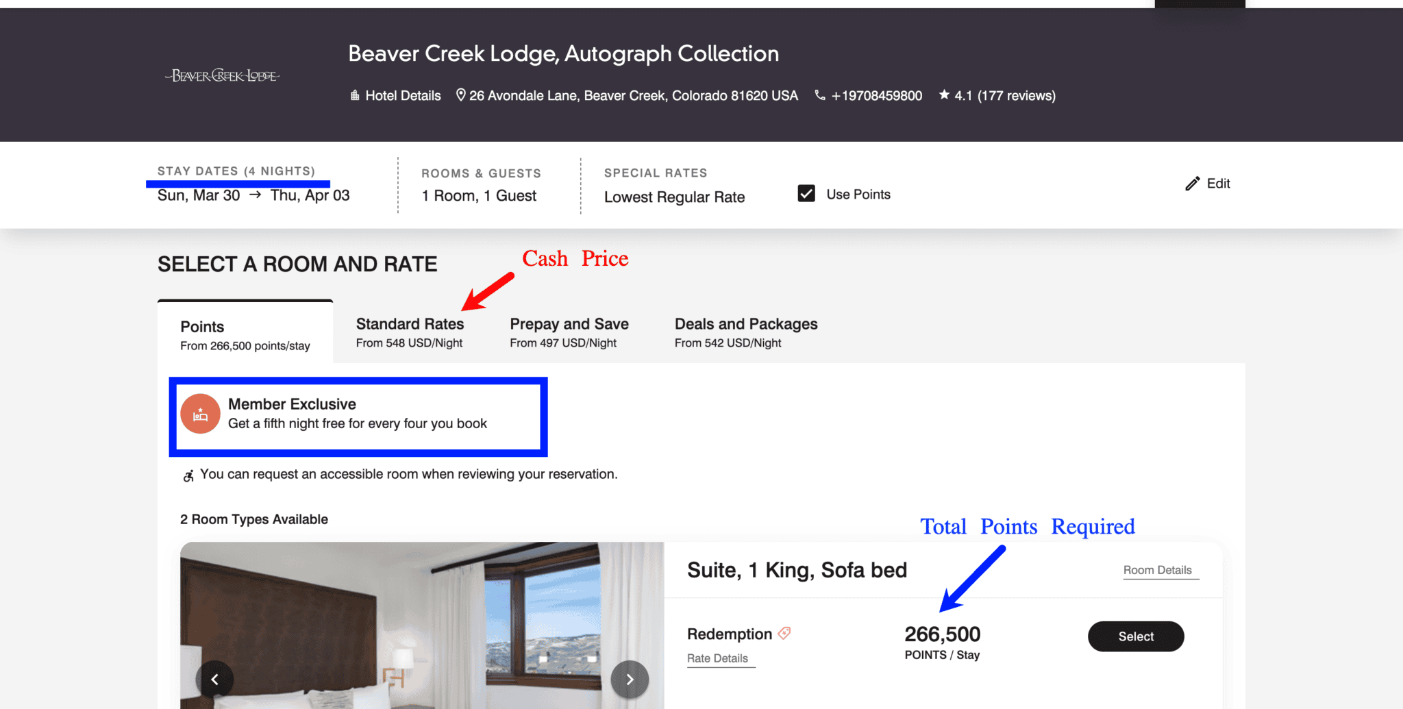 Chase Ultimate Rewards: 70% Transfer Bonus to Marriott until November 30, 2025 3 Example of booking 4 nights at Beaver Creek Lodge, Autograph Collection using points