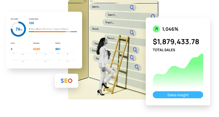 Woman climbing ladder with SEO Penrith performance graph showing increased traffic