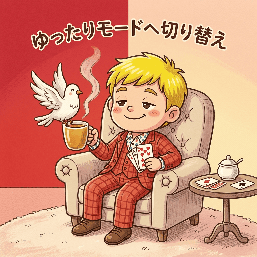 マジシャン流「オンオフ」の3つの新常識!グラデーション思考とアウトプットの驚く力 3 マジシャン・コンプレッサーがソファでお茶を飲みながらゆったりモードへ切り替わるグラデーション思考のチビキャラ風イラスト。擬人化した白い鳩と一緒にリラックスする場面