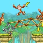 Monkeys construir un pont avec des bananes dans un jeu vidéo de science et de construction, environnement de jungle tropicale vibrant.