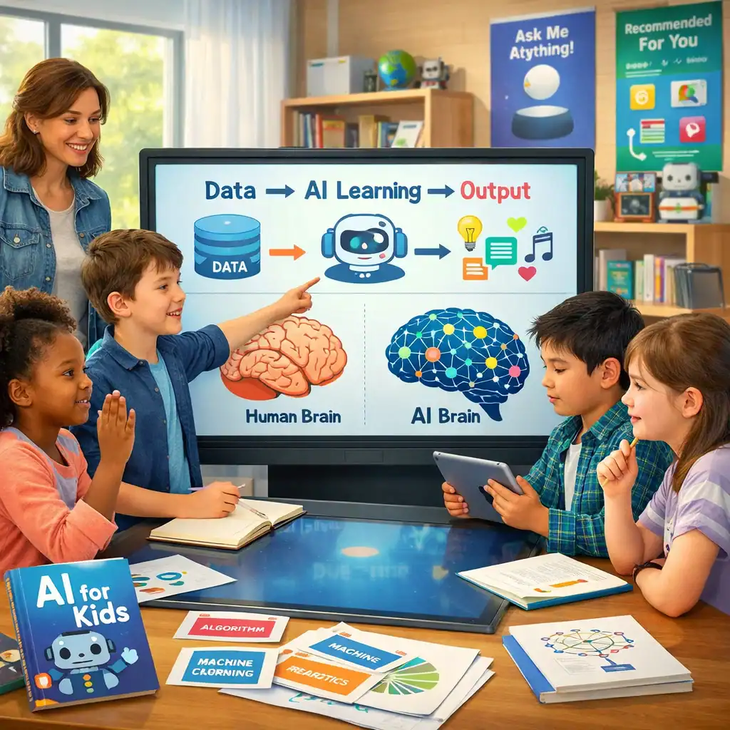 A thoughtfully composed educational scene that captures the essence of AI literacy for the modern generation. The central focus is a diverse group of children (ages ranging from about 8 to 13) gathered around a large touchscreen display or interactive table in a bright, contemporary learning space. On the display screen, show a clear visualization of AI concepts made child friendly: perhaps a simple flowchart showing