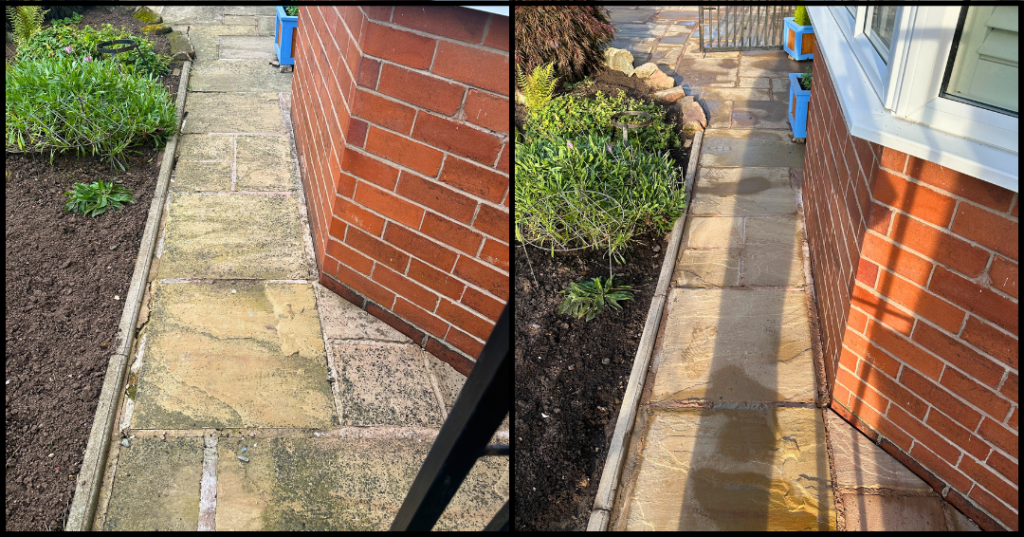 Before after Indian sandstone driveway cleaning Stoke-on-Trent - algae moss removal pressure washing Williams Exterior Shine