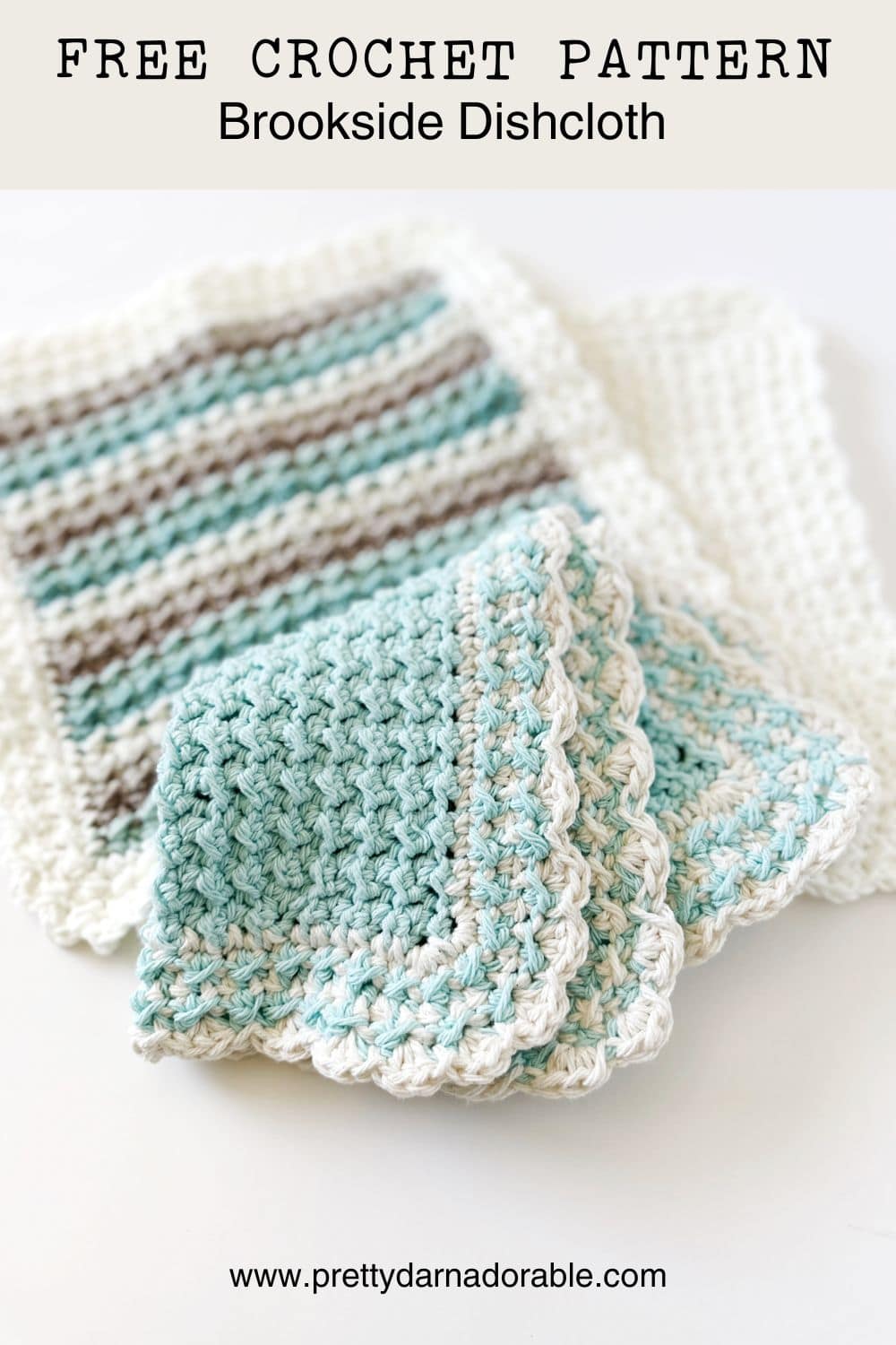 three crochet dishcloths made with the crunch stitch free crochet pattern called brookside dishcloth
