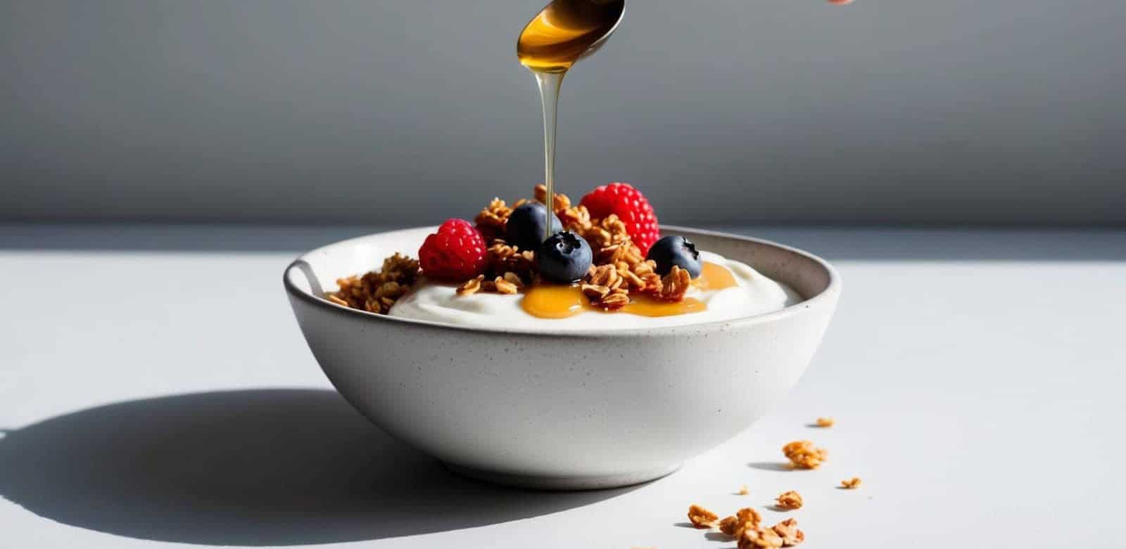 A bowl of nutritious yogurt topped with granola, blueberries, and raspberries is being drizzled with honey from a spoon.