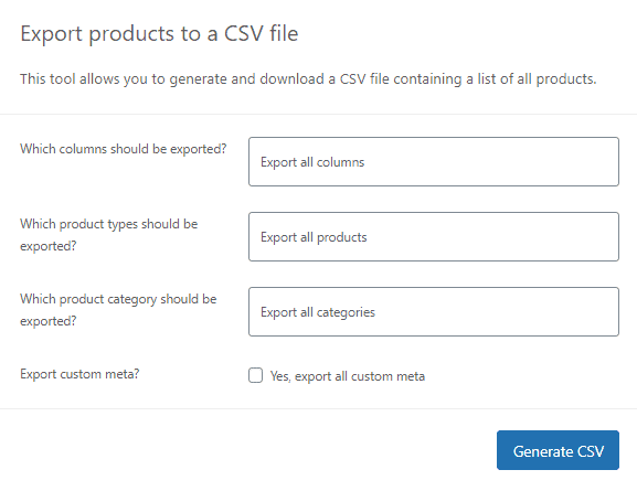 set final export products CSV file configurations