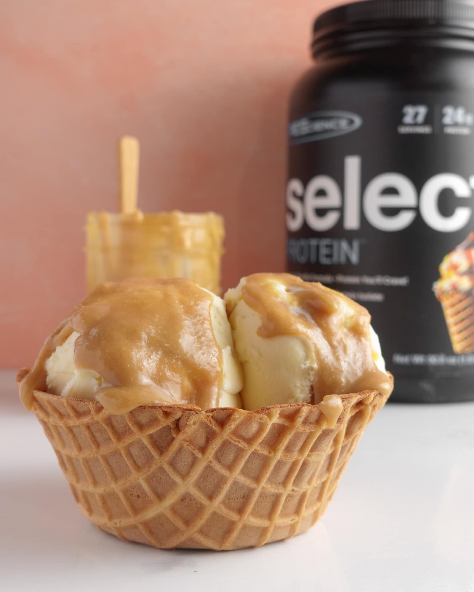 Protein caramel sauce on ice cream