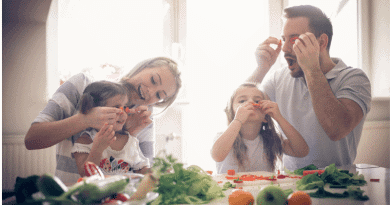 Taking Care of Your Family's Health / Family being silly while preparing a fresh salad