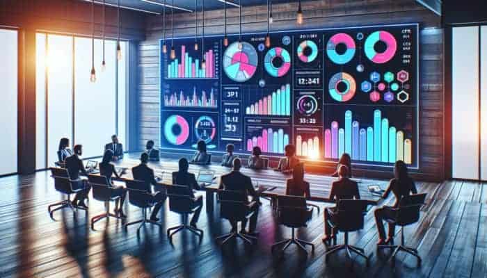 Diverse marketers in a meeting room analyzing budget and bidding strategies with digital screens displaying CPC and CPM metrics.