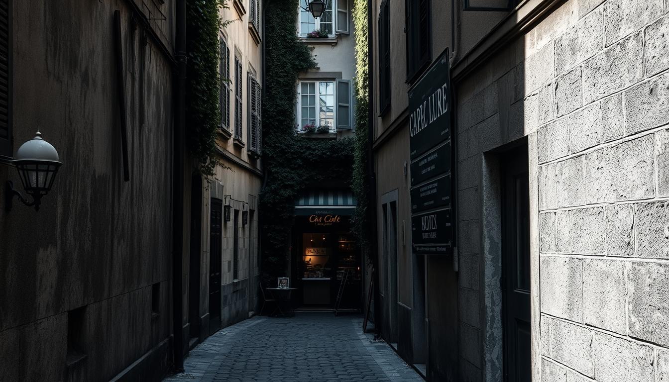An alley in the historic old town, lined with centuries-old buildings, their weathered facades casting long shadows. A cobblestone path winds between the structures, leading the eye to a hidden courtyard bathed in a soft, dappled light. Ivy-covered walls frame a glimpse of a quaint café or shop, inviting the viewer to explore further. The scene exudes a sense of timelessness, with muted tones of gray, black, and earthy hues punctuated by the occasional splash of color - a vibrant flower, a brightly painted door, or a weathered signage. The overall composition conveys the intimate, off-the-beaten-path character of this insider's perspective on the old town's charm. An alley in the historic old town, lined with centuries-old buildings, their weathered facades casting long shadows. A cobblestone path winds between the structures, leading the eye to a hidden courtyard bathed in a soft, dappled light. Ivy-covered walls frame a glimpse of a quaint café or shop, inviting the viewer to explore further. The scene exudes a sense of timelessness, with muted tones of gray, black, and earthy hues punctuated by the occasional splash of color - a vibrant flower, a brightly painted door, or a weathered signage. The overall composition conveys the intimate, off-the-beaten-path character of this insider's perspective on the old town's charm.