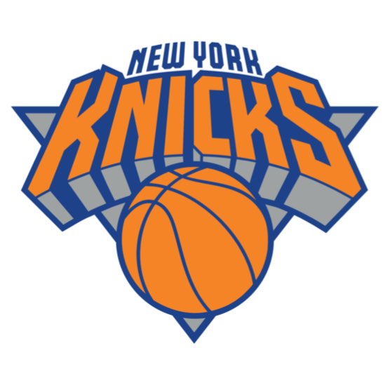 New York Knicks logo featuring bold orange and blue lettering with a basketball and angular gray accents in the background.