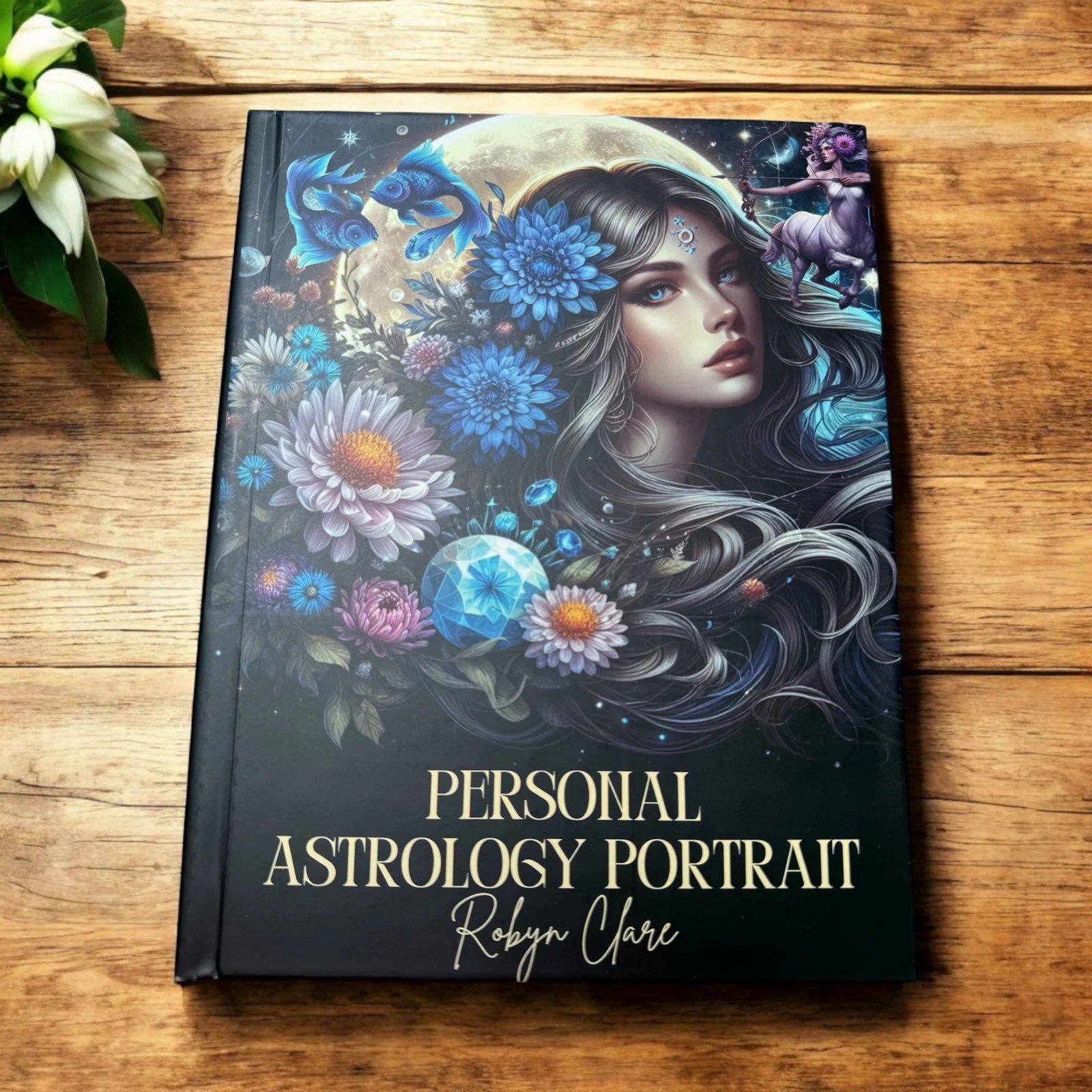 Moon Phases & Personality Traits. 4 A Personalised Birth Chart Astrology Book rests on a wooden surface. Its cover depicts a mystical woman adorned with flowers and astrological symbols, reflecting the vibrant, cosmic style of this unique astrology book.