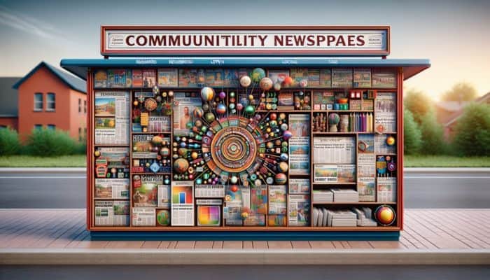 Create Hyperlocal Content For Relevance: A vibrant community newspaper stand on a bustling local street, displaying hyperlocal content about neighborhood events and local issues.