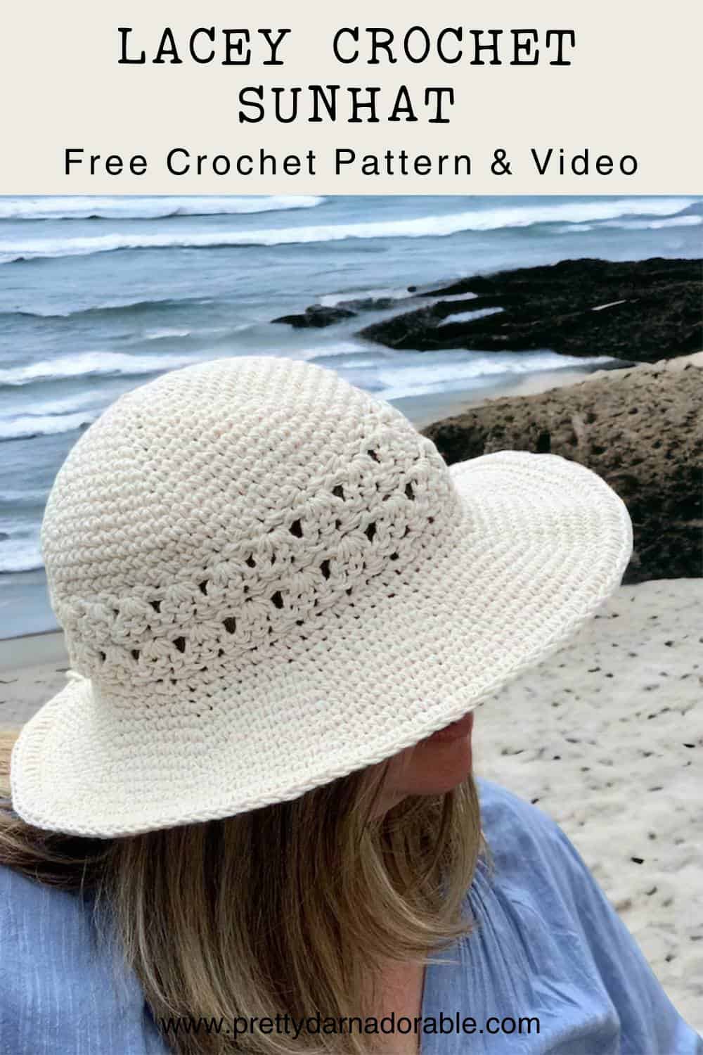 cream crochet sun hat with a wide brim and lacey texture