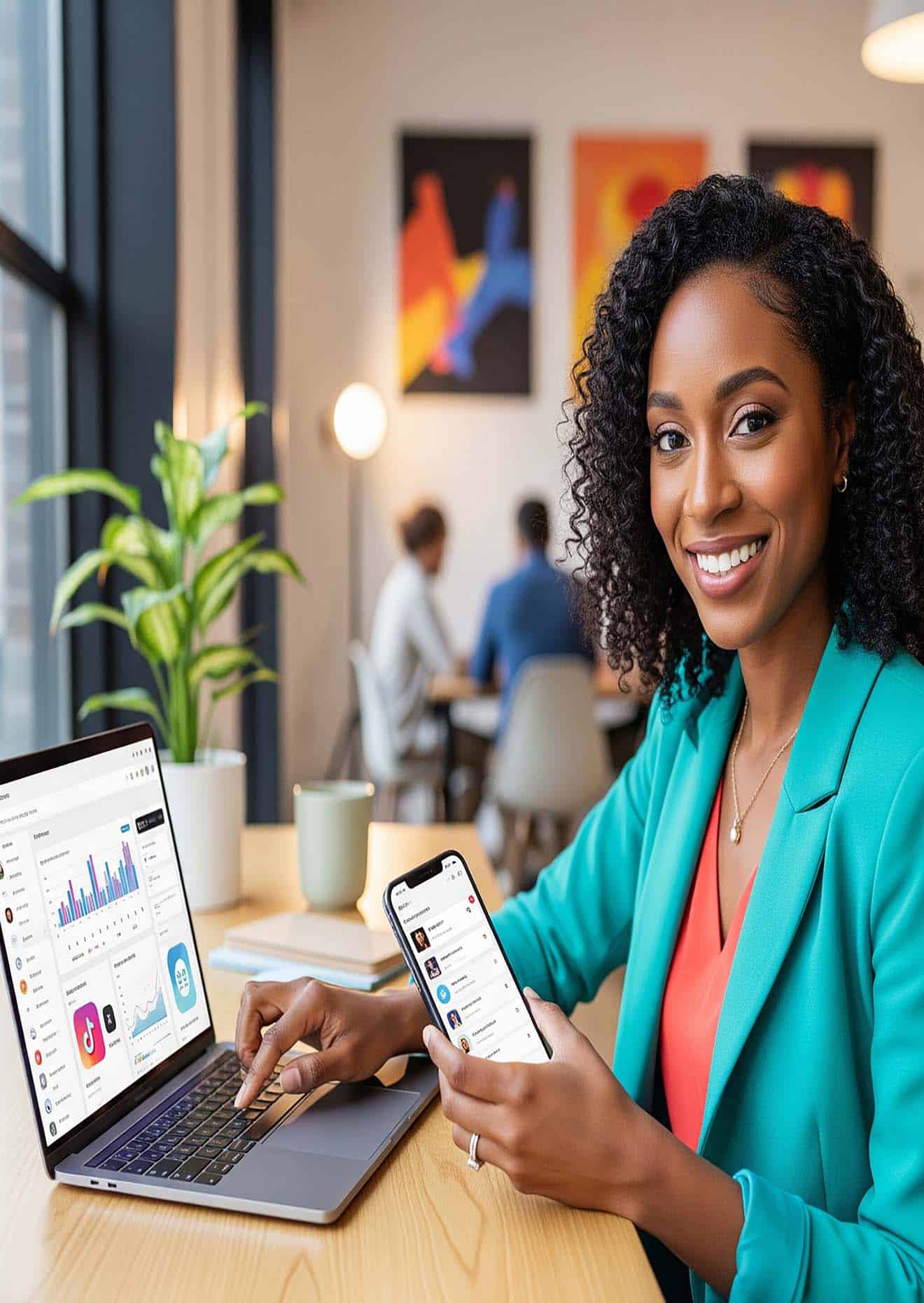 social media marketing dublin ie Smiling businesswoman with laptop and smartphone in office.