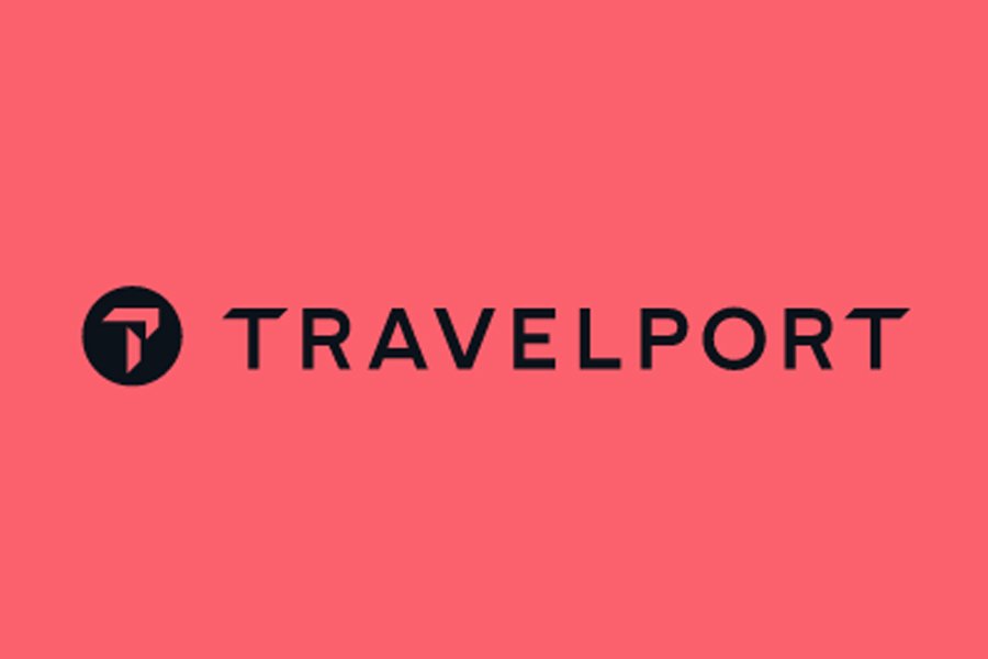 A sleek logo for Travelport is set against a coral-pink background. The design features a bold black icon on the left resembling the letter "T" within a circle, symbolizing direction and connectivity. The word "TRAVELPORT" appears to the right in a modern, sans-serif black font, exuding professionalism and innovation in the travel technology industry.