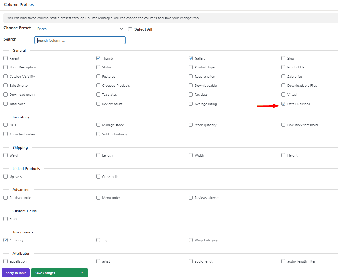 select product published date column in Column Profile