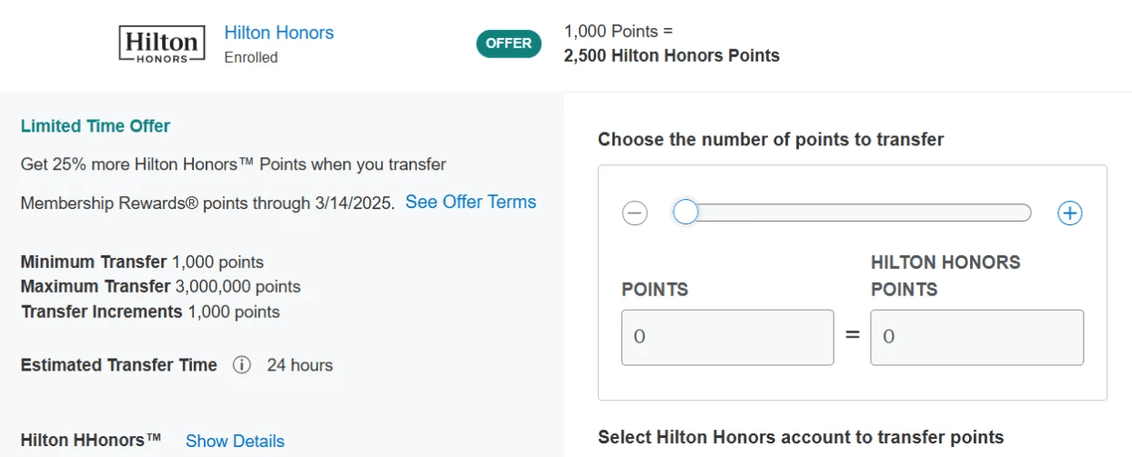 Amex to Hilton: 25% Bonus on Points Transfers Until 3/14 1 example of converting AMEX points to Hilton points with a 25% bonus