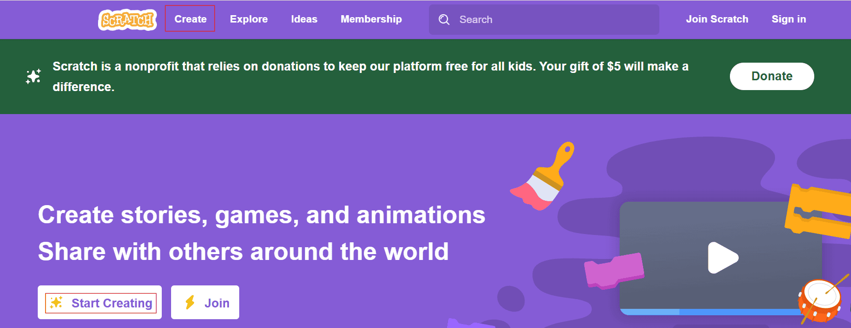 Scratch homepage — "Create stories, games, and animations, share with others around the world"