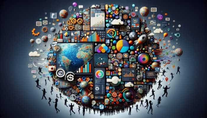 A dynamic collage of social media platforms with tailored, engaging content boosting brand visibility and sales.