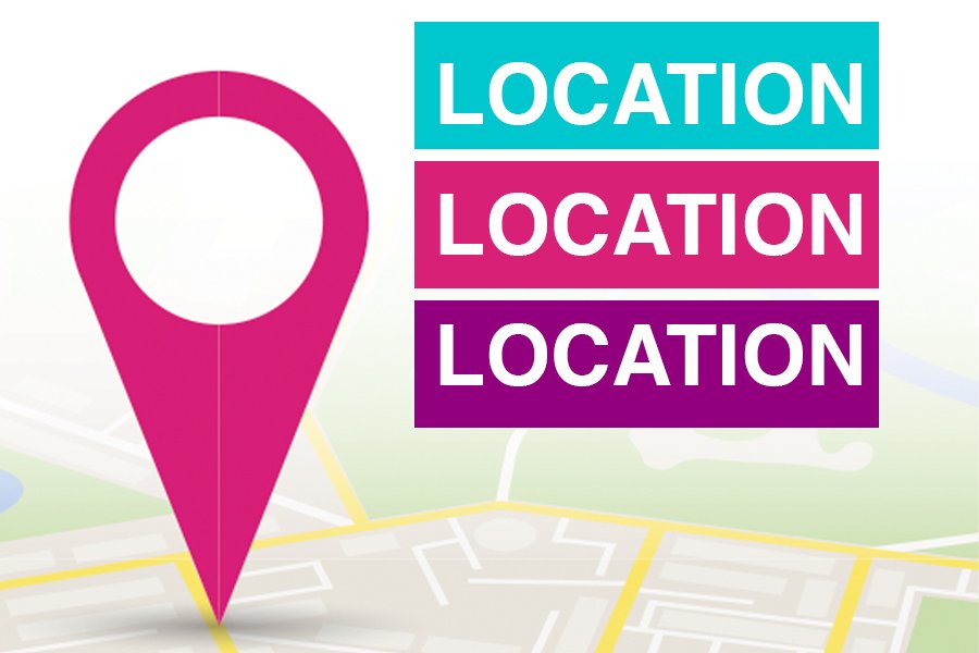 A graphic illustration featuring a large pink map pin icon on a faded map background, symbolizing location. Adjacent to the pin are three colorful, stacked blocks with the word “LOCATION” written in bold uppercase letters. Each block is in a different color gradient: turquoise, magenta, and purple. The design emphasizes the phrase "Location, Location, Location.