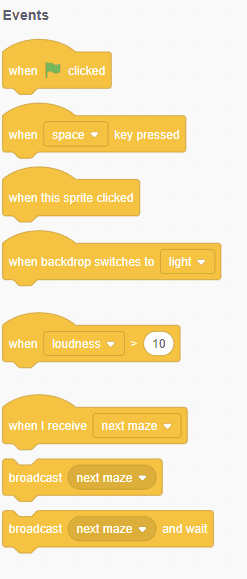 List of Scratch Events blocks including when green flag clicked, key pressed, sprite clicked, and broadcast messages