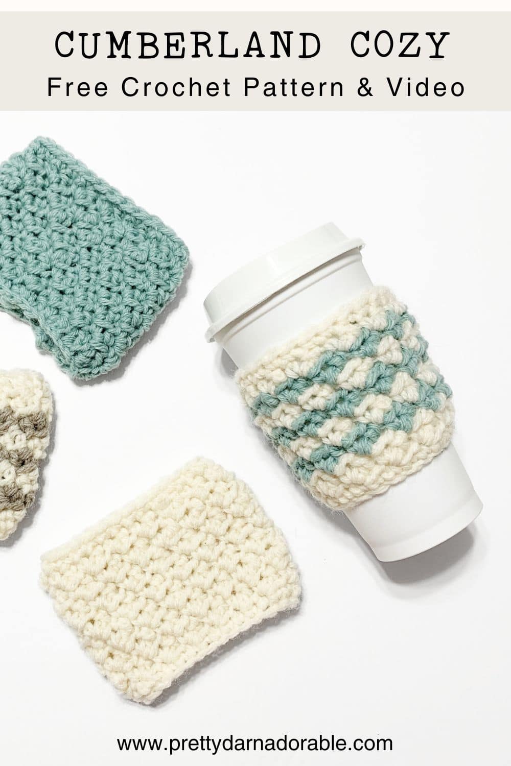 a coffee cup with a crocheted coffee cozy on it