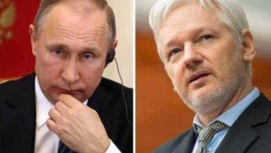 Vladimir Putin, in a dark suit, looks down pensively, hand to his chin. Next to him, Julian Assange, with white hair and a beard, gazes upwards, tie visible. The image relates to the WikiLeaks Russia publications.