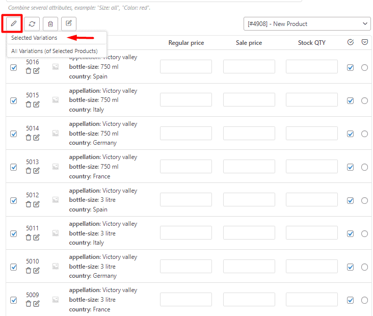 Bulk edit selected variations