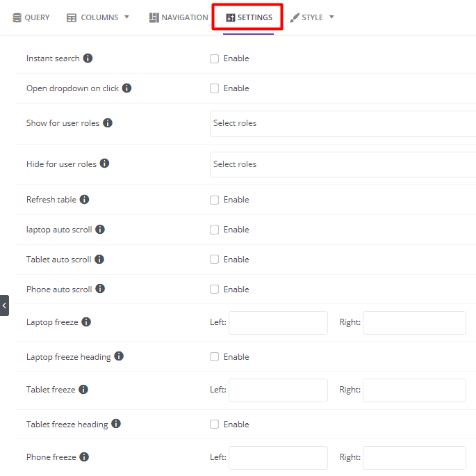 Product table plugin's catalog settings page