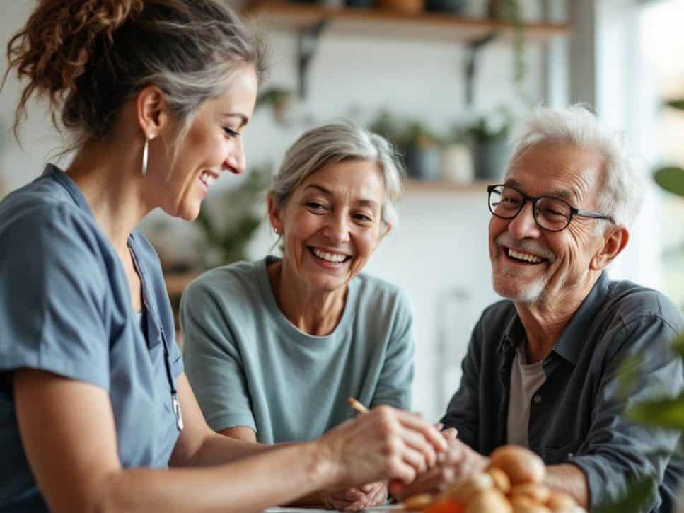 senior-home-care-personalized-support-services Caregiver assisting two smiling seniors with meal preparation, showcasing compassionate senior home care and companionship services