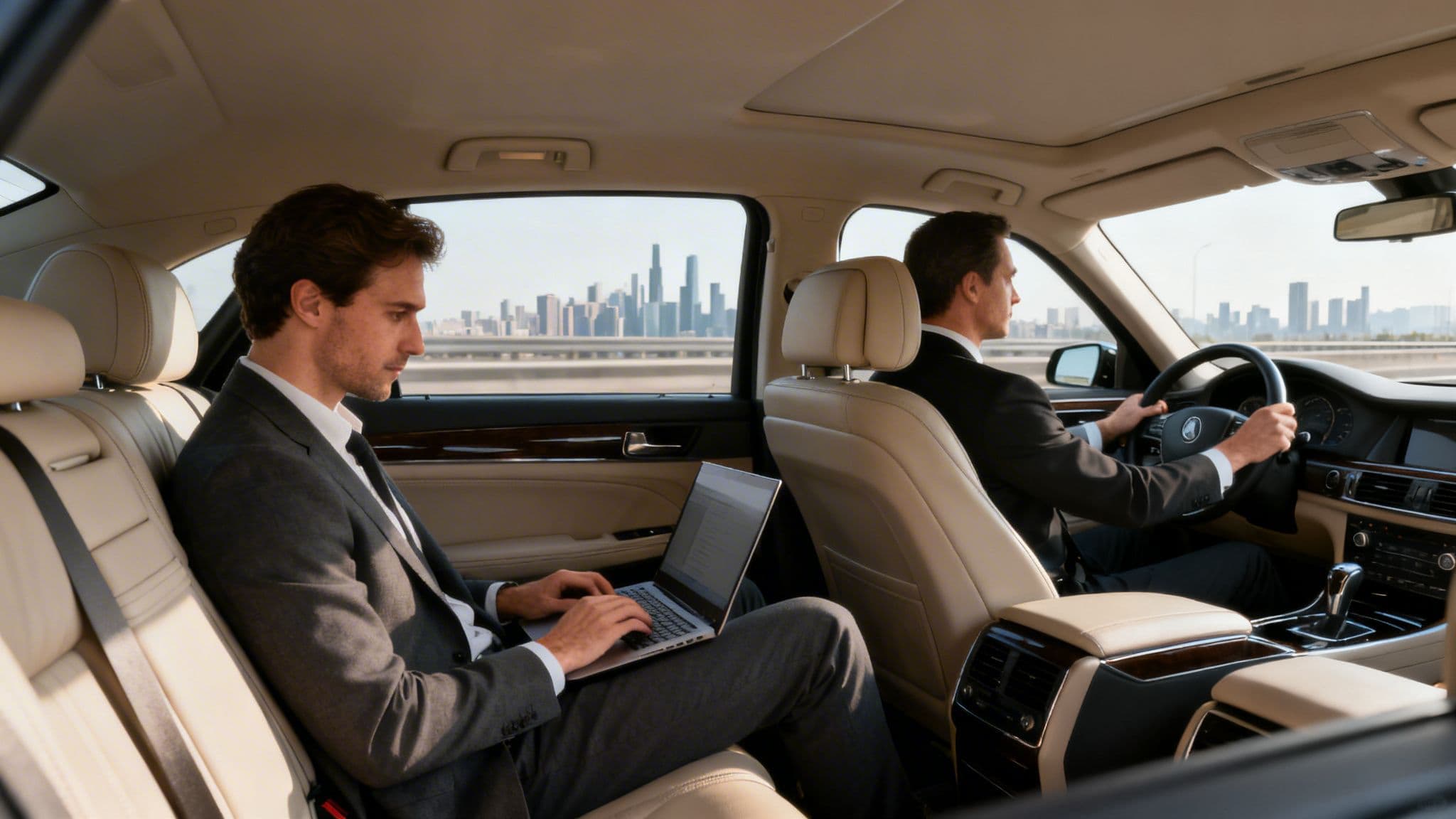 Private Airport Transfer: 7 Steps to a Flawless On-Time Arrival 3 Two businessmen in suits riding in a luxury car, one working on a laptop, with a city skyline in the background.