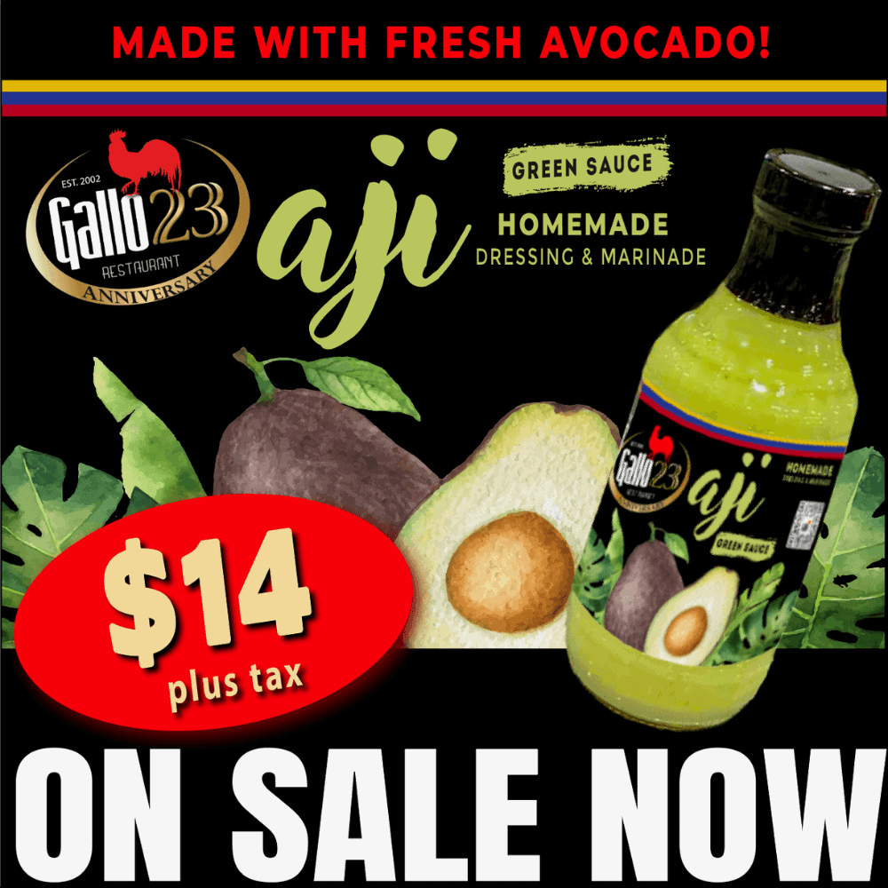 A bottle of Gallo 23 aji green sauce is displayed with avocado images, a $14 plus tax price label, and "On Sale Now" in bold text.