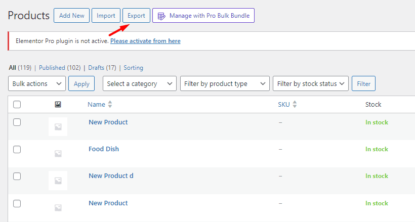 select export button in table products list