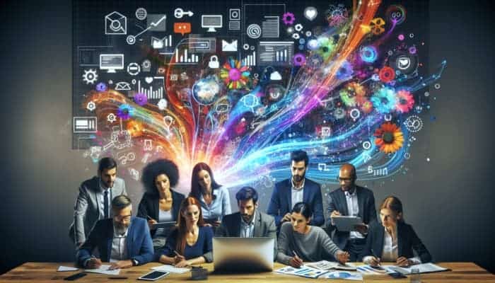 A digital marketing team strategising over social media platforms on a large screen, enhancing brand engagement.